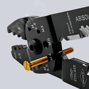 Пресс-клещи для резки и зачистки кабеля опрессовки кабельных наконечников и штекеров 3 гнезда обжим кабельных наконечников без изолятора и кабельных соединителей: 05-60 мм (AWG 20 - 10) j рез медных и латунных шпилек: М26 3 35 4 и 5 L-230 мм чёр KN-9721215C KNIPEX - 6