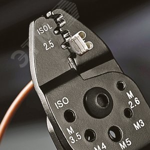 Пресс-клещи для резки и зачистки кабеля опрессовки кабельных наконечников и штекеров 3 гнезда обжим кабельных наконечников без изолятора и кабельных соединителей: 05-60 мм (AWG 20 - 10) j рез медных и латунных шпилек: М26 3 35 4 и 5 L-230 мм чёр KN-9721215C KNIPEX - 9