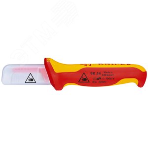 Нож для кабеля VDE 1000V пластиковый обух на лезвии для предупреждения КЗ L-190 мм диэлектрический 2-компонентная рукоятка KN-9854 KNIPEX - 2