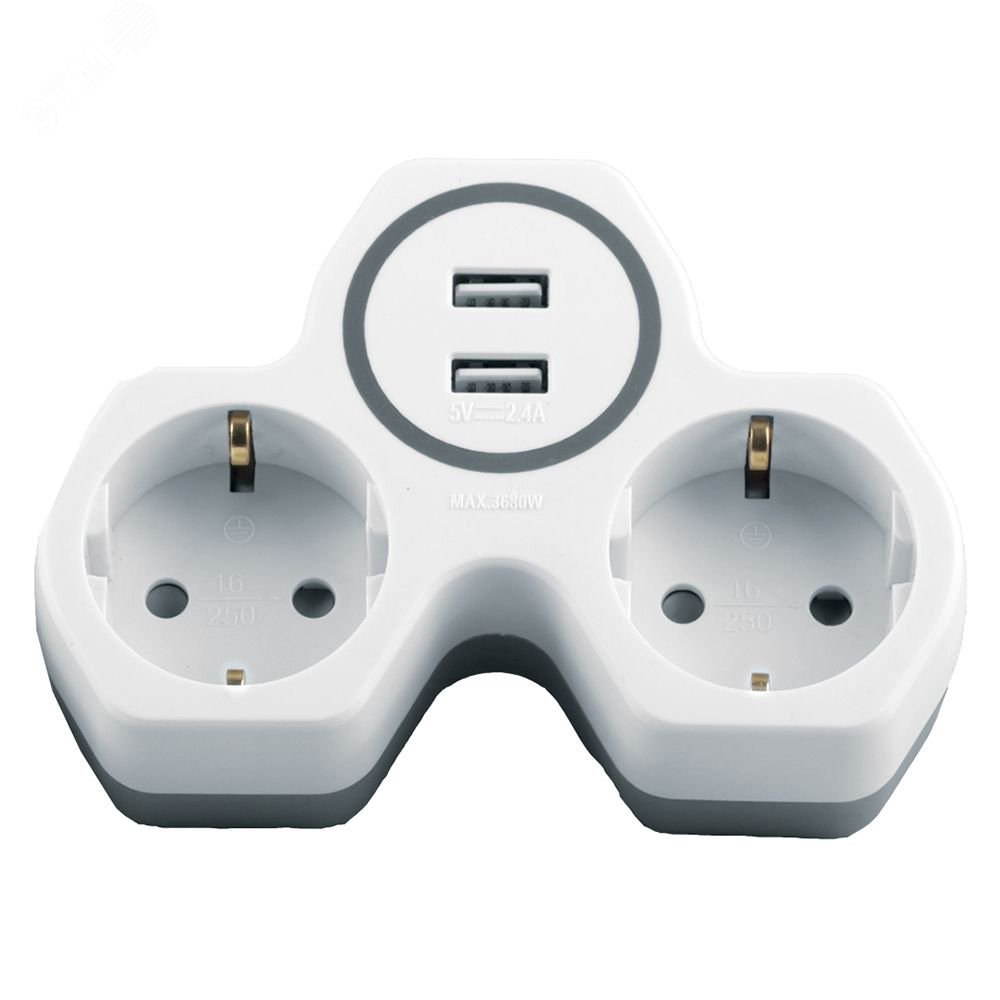 Изображение товара Разветвитель сетевой на 2 выхода + 2 выхода USB, с/з,, белый/серый (шт)