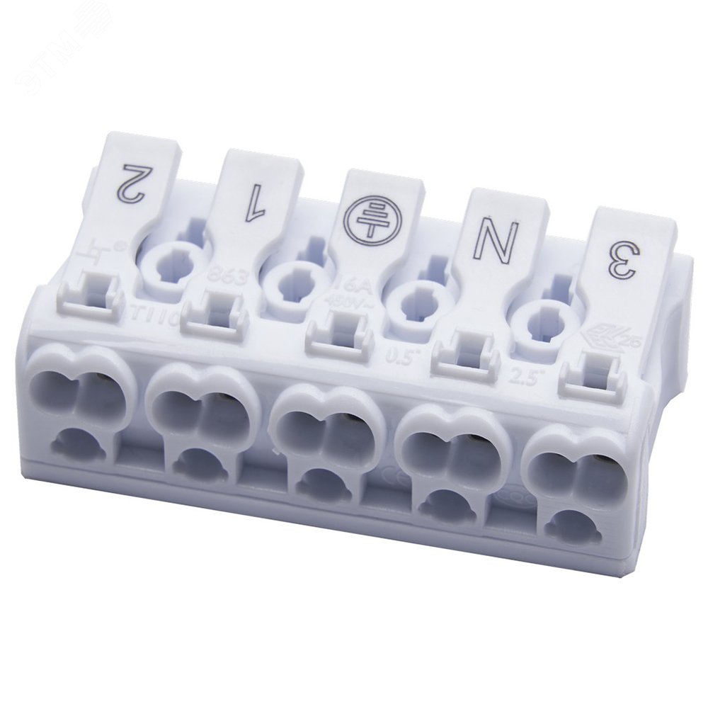 Изображение товара Клемма монтажная 5 контактных групп, пружинная, для проводов 0,5-2,5 мм2, 450В, IP20
