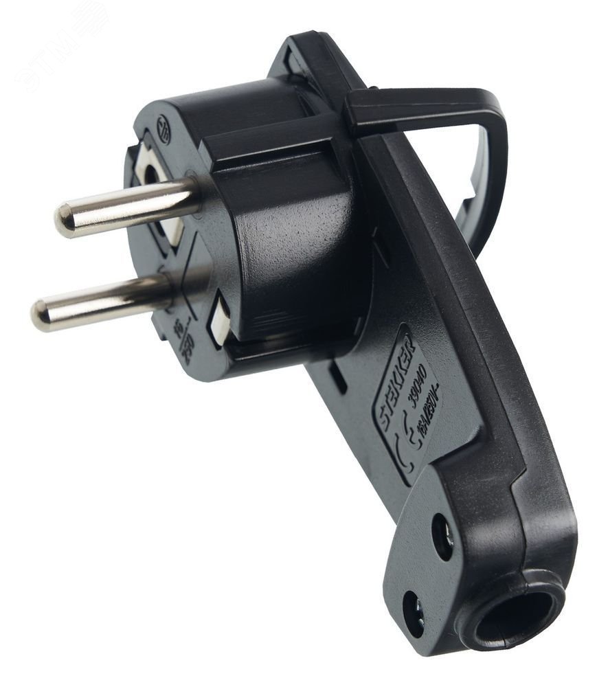 Изображение товара Вилка угловая плоская с кольцом, с заземлением, 250 В,16 А, IP20, черная (шт)