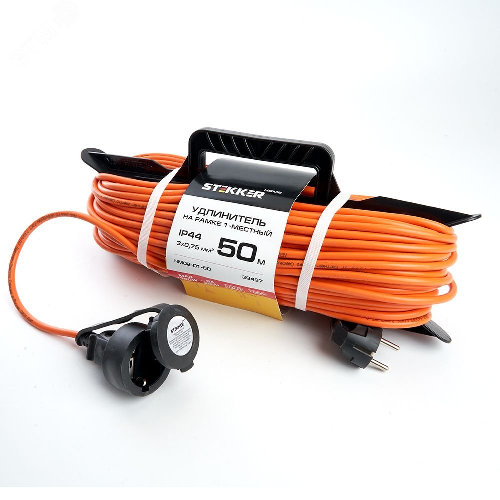 Изображение товара Удлинитель на рамке 1-местный с заземлением 50м оранжевый STEKKER HM02-01-50