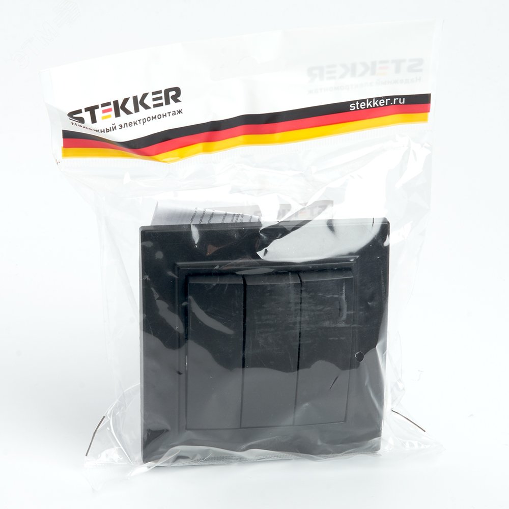 Выключатель трехклавишный, 250В, 10А, серия Эрна, черный Stekker PSW10-9007-03 39924 STEKKER - превью 7