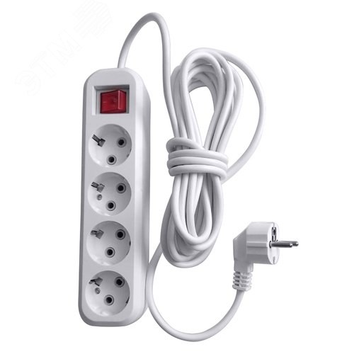 Изображение товара Удлинитель 4-местный с/з с выключателем, 3x0,75мм2, 2м, 250В, 10А, сер Home У10А-003, белый (шт)