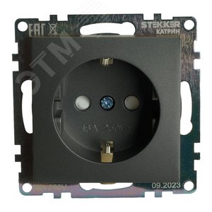 Изображение товара Розетка одноместная с защитной шторкой с/з (механизм) 250В 16А серия Катрин графит STEKKER (шт)
