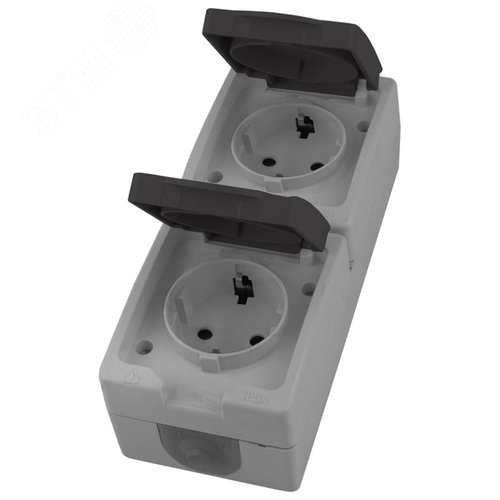 Изображение товара Вертикальная розетка 2-местная с крышкой с/з 250В 16А IP54 серия Велена серый/графит STEKKER (шт)