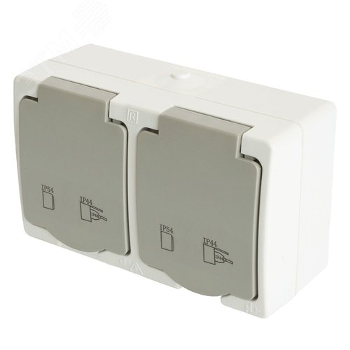 Изображение товара Розетка 2-местная с крышкой с/з 250В 16А IP54 серия Велена белый/серый STEKKER (шт)
