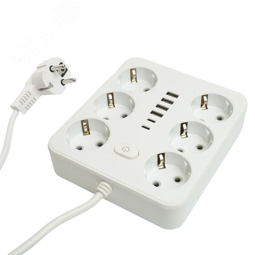 Изображение товара Удлинитель 6-местный c/з 3x1 мм2 1.8м 250В 10А 4USB+2Type-C 2.4А Home plus белый (шт)