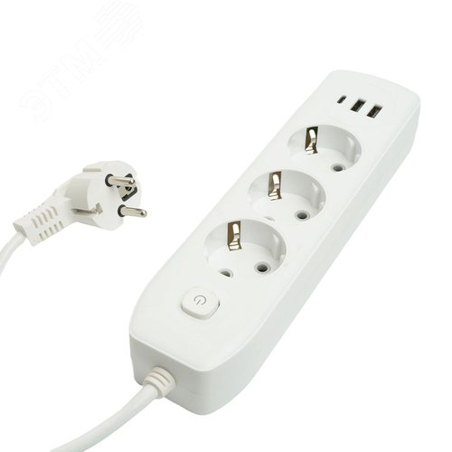 Изображение товара Удлинитель 3-местный c/з 3x1 мм2 3 м 250В 10А 2USB+1Type-C 2.4А Home белый (шт)