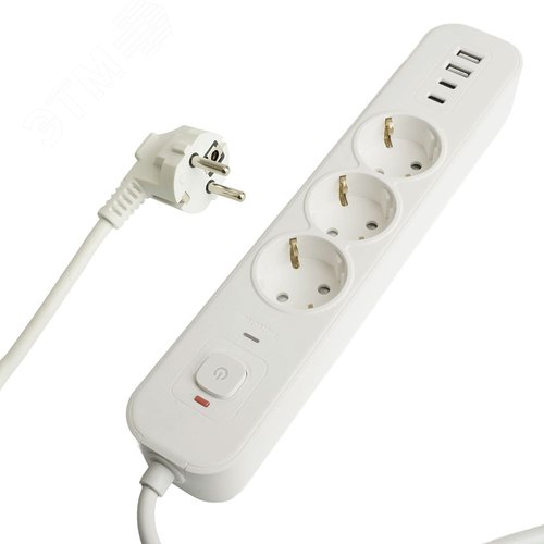 Изображение товара Фильтр сетевой 3-местный с/з 3x1 мм2 1,8 м 250 В 16 А 2 USB-A+2 Type-C белый HM21-31-02 (шт)