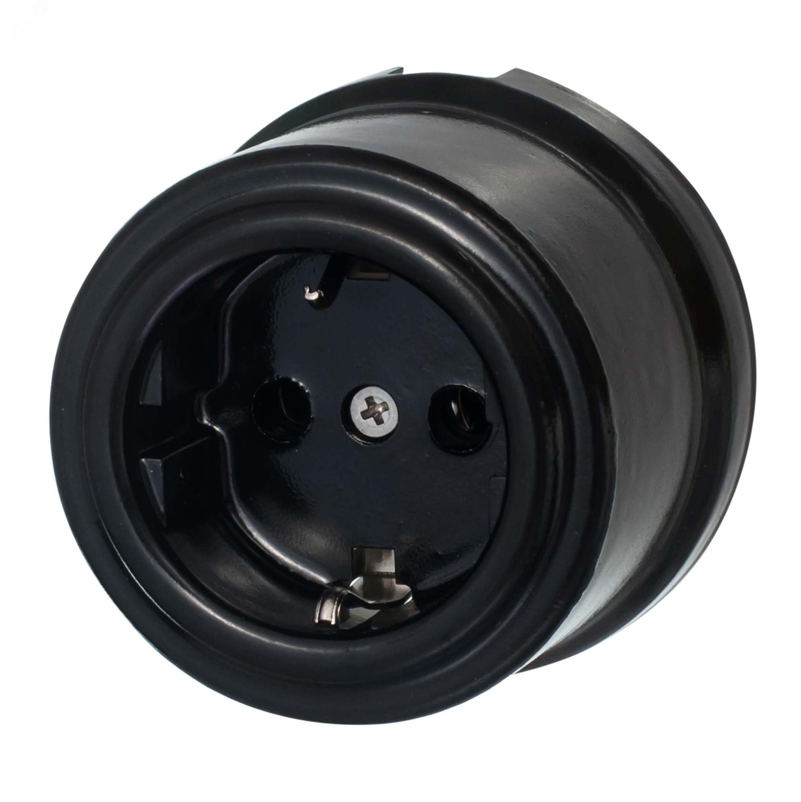 Изображение товара Розетка с заземляющим контактом Bironi черная керамическая для наружного монтажа