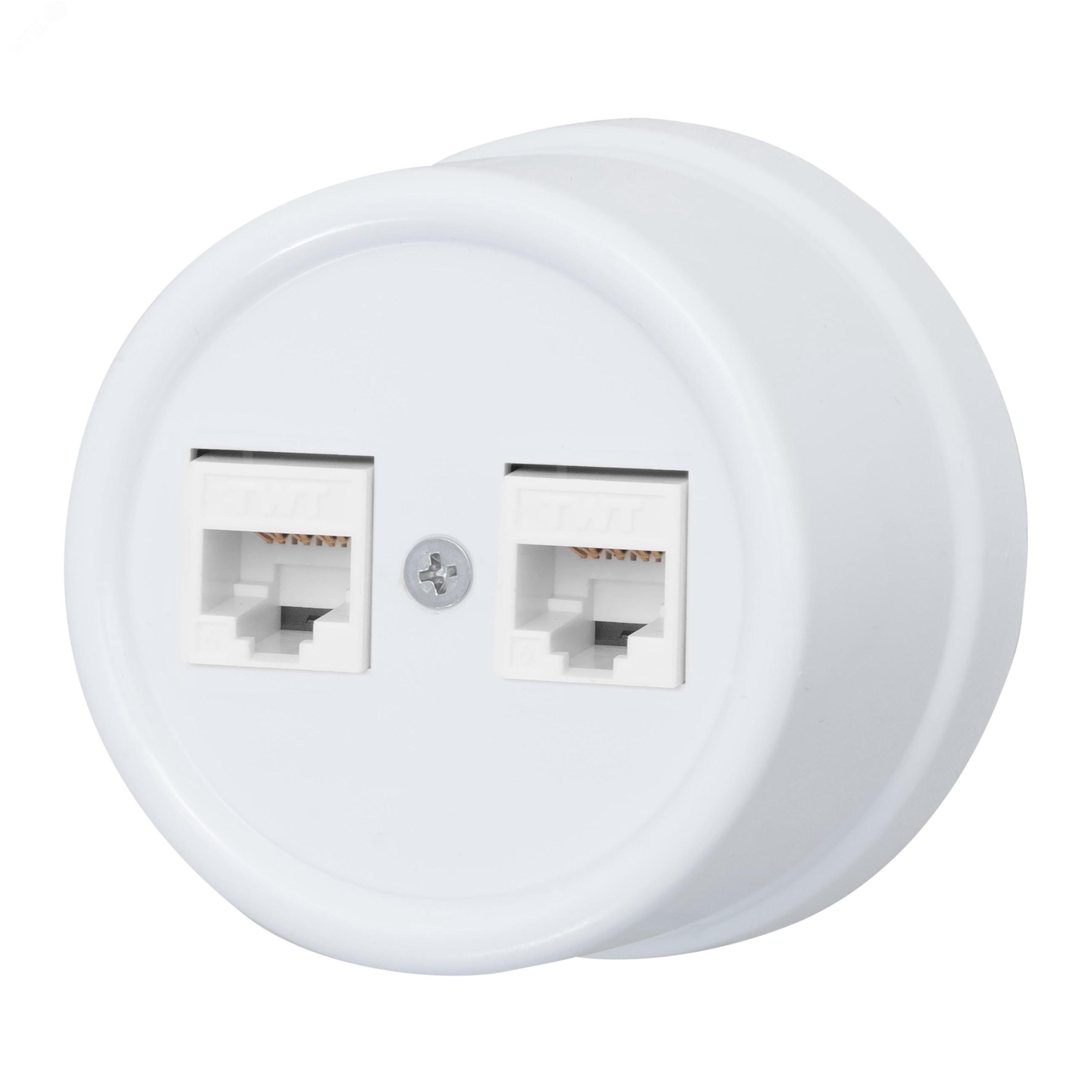 Изображение товара Розетка информационная двойная из пластика Bironi белая IP20 для наружного монтажа