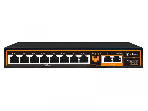 Коммутатор неуправляемый 8x100Мбит/с (RJ45 с PoE+), 2x100Мбит/с (RJ45) 90Вт
