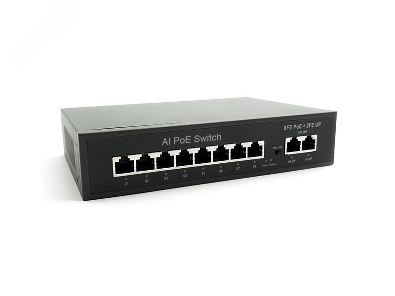 Изображение товара Коммутатор неуправляемый 8x100Мбит/с (RJ-45, PoE) 2x100Мбит/с (RJ-45, Uplink) 96Вт (шт)