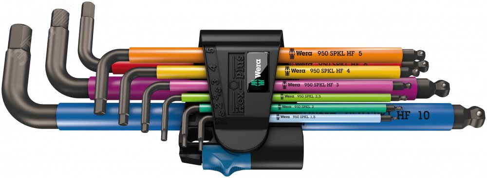 Набор Г-образных ключей с фиксацией крепежа с шаром 1.5 - 10 мм 9 предметов. 950/9 Hex-Plus Multicolour HF BlackLaser 1 WE-022210 Wera
