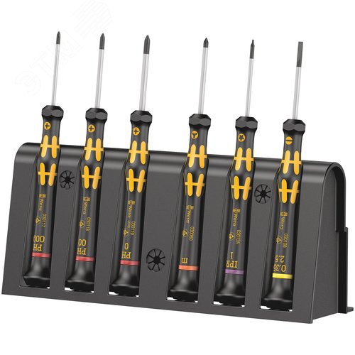 Изображение товара Набор отвёрток антистатических для прецизионных работ + подставка 6 предметов комплектация: 3x 1550 PH ESD Отвёртка крестовая Kraftform Micro: PH 000x40 PH 00x40 PH 0x40 1x 1578 A ESD Отвёртка шлицевая Kraftform Micro 0.35X2.5X40 мм 1x 1567 Отвё (шт)