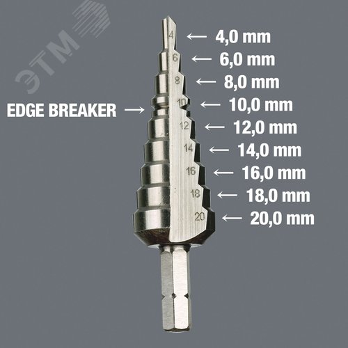 Насадка-ступенчатое сверло 843/1 4-20 мм с шагом по диаметру 2 мм для жести 1 мм хвостовик 1/4 C 6.3 75 мм - фото 2