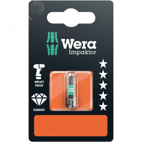 Бита ударная 867/1 IMP DC Impaktor TORX SB алмазное покрытие хвостовик шестигранный 1/4 C 6.3 TX 20X25 мм с держателем-еврослот для подвеса - фото 1