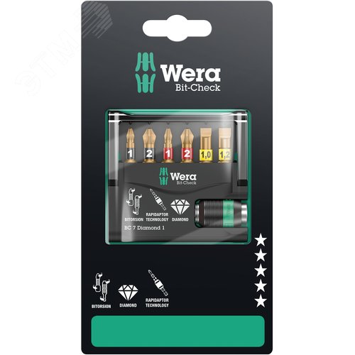 Набор бит с битодержателем Bit-Check 7 Diamond 1 SB алмазное покрытие 7 предметов с держателем-еврослот - фото 1