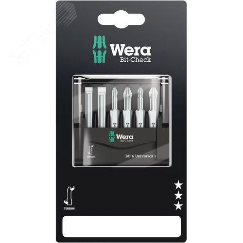 Набор бит Bit-Check 6 Universal 1 SB универсальное применение 6 предметов с держателем-еврослот для подвеса комплектация: 2x 851/4 TZ Насадки: PH 1x50 PH 2x50 2x 855/4 TZ Насадки: PZ 1x50 PZ 2x50 2x 800/4 Z Насадки: 1.0x5.5x50 1.2x6.5x50 - фото 1