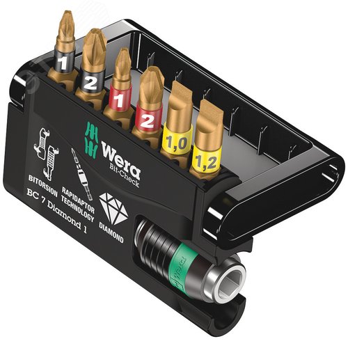 Набор бит с битодержателем Bit-Check 7 Diamond 1 SB алмазное покрытие 7 предметов с держателем-еврослот - фото 2