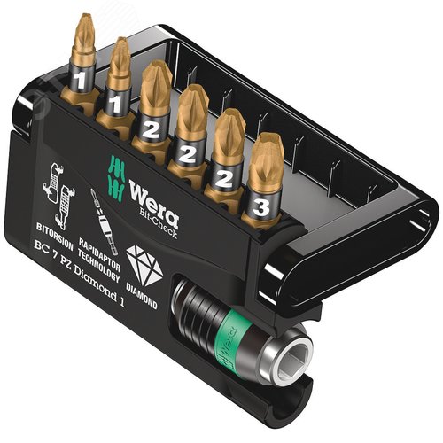 Набор бит с битодержателем Bit-Check 7 PZ Diamond 1 алмазное покрытие 7 предметов - фото 1