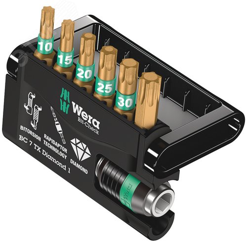 Набор бит с битодержателем Bit-Check 7 TX Diamond 1 алмазное покрытие 7 предметов - фото 1