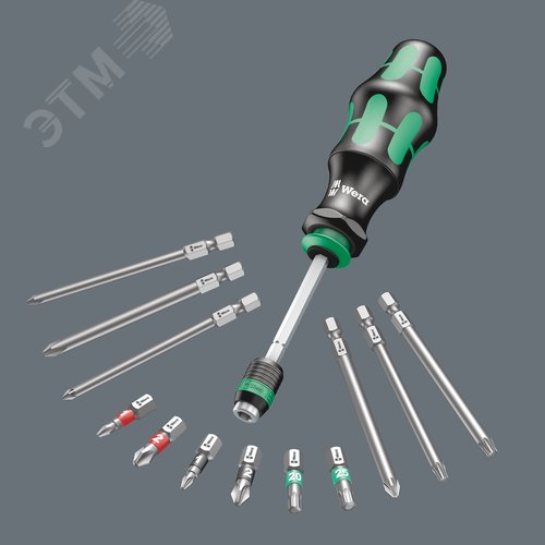 Набор бит с рукояткой-битодержателем и патроном Rapidaptor. Набор Kraftform Kompakt 20 Tool Finder 2 с сумкой. 13 предметов комплектация: 1x 889/4 R Rapidaptor Универсальный держатель 1/4X100 мм 2x 851/1 BTZ Насадки: PH 1x25 PH 2x25 2x 855/1 BTZ Насадки:  - фото 4