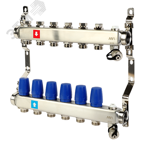 Изображение товара Коллекторная группа с ручными регулировочными клапанами 1'x6 выходов 3/4' НР евроконус с дренажным краном и воздухоотводчиком (шт)