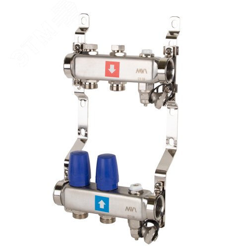 Изображение товара Коллекторная группа с ручными регулировочными клапанами 1'x2 выхода 3/4' НР евроконус с дренажным краном и воздухоотводчиком (шт)