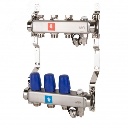 Изображение товара Коллекторная группа с ручными регулировочными клапанами 1'x3 выхода 3/4' НР евроконус с дренажным краном и воздухоотводчиком (шт)