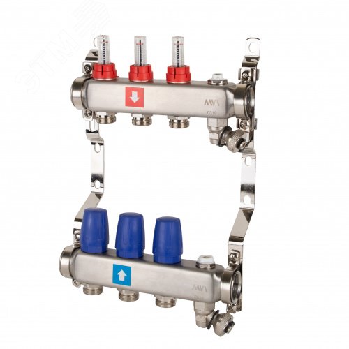 Изображение товара Коллекторная группа с расходомерами 1'x3 выхода 3/4' НР евроконус с дренажным краном и воздухоотводчиком (шт)