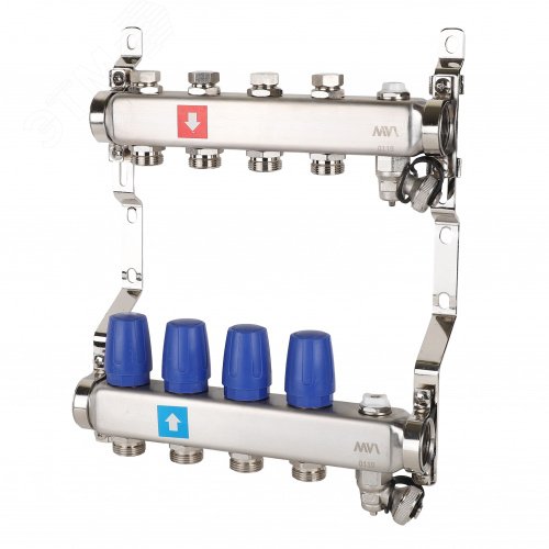 Изображение товара Коллекторная группа с ручными регулировочными клапанами 1'x4 выхода 3/4' НР евроконус с дренажным краном и воздухоотводчиком (шт)