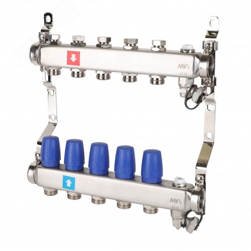 Изображение товара Коллекторная группа с ручными регулировочными клапанами 1'x5 выходов 3/4' НР евроконус с дренажным краном и воздухоотводчиком (шт)