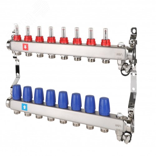 Изображение товара Коллекторная группа 1'x8 выходов с расходомерами и дренажным краном из нержавеющей стали
