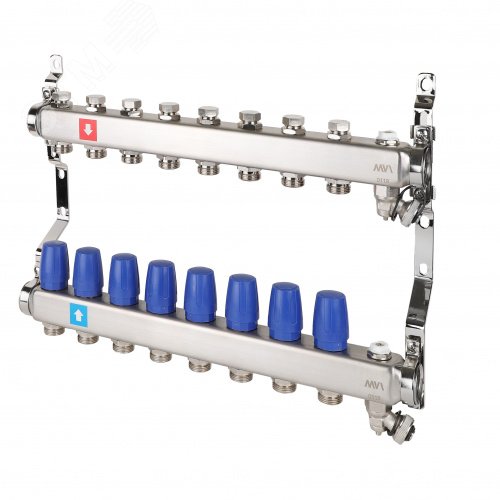 Изображение товара Коллекторная группа с ручными регулировочными клапанами 1'x8 выходов 3/4' НР евроконус с дренажным краном и воздухоотводчиком (шт)