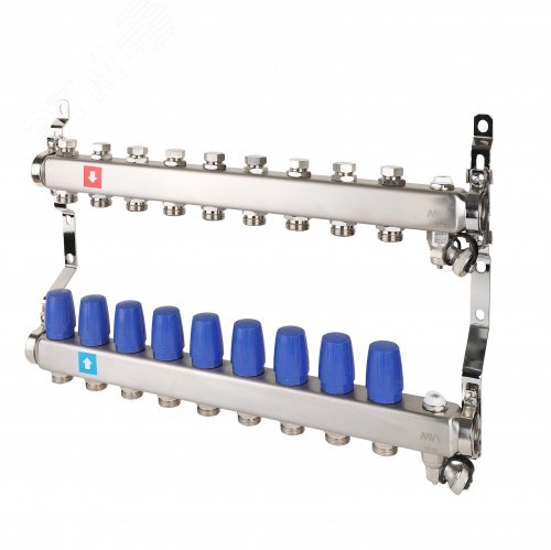 Изображение товара Коллекторная группа с ручными регулировочными клапанами 1'x9 выходов 3/4' НР евроконус с дренажным краном и воздухоотводчиком (шт)