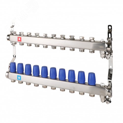 Изображение товара Коллекторная группа с ручными регулировочными клапанами 1'x10 выходов 3/4' НР евроконус с дренажным краном и воздухоотводчиком (шт)