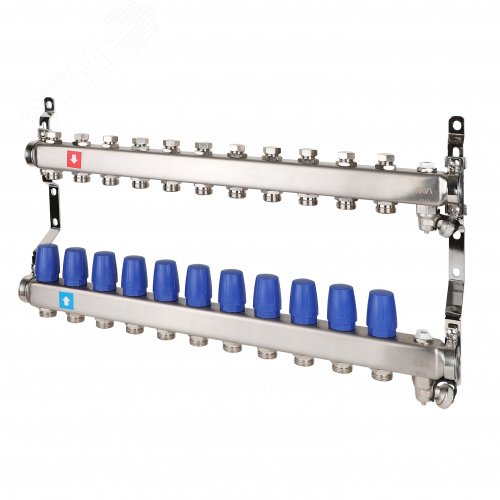 Изображение товара Коллекторная группа с ручными регулировочными клапанами 1'x11 выходов 3/4' НР евроконус с дренажным краном и воздухоотводчиком (шт)