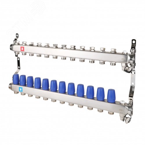Изображение товара Коллекторная группа с ручными регулировочными клапанами 1'x12 выходов 3/4' НР евроконус с дренажным краном и воздухоотводчиком (шт)
