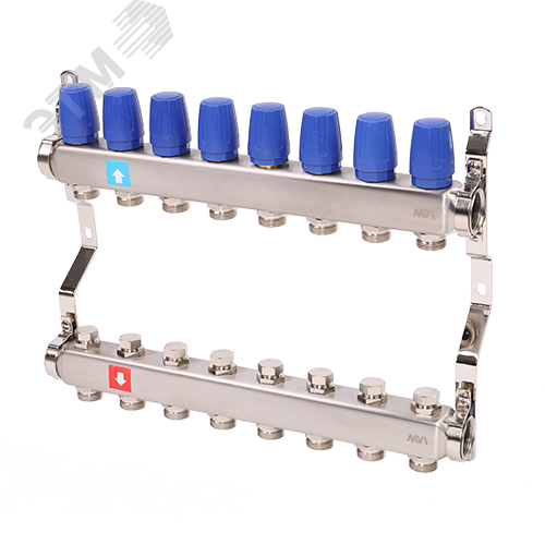 Коллекторная группа с ручными регулировочными клапанами 1' х 8 выходов 3/4' НР евроконус MS.408.06 MVI