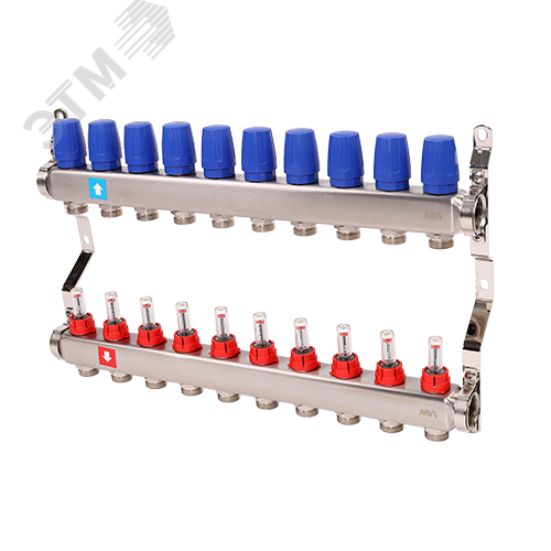 Изображение товара Коллекторная группа с расходомерами 1'x10 выходов 3/4' НР евроконус из нержавеющей стали