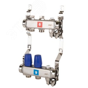 Изображение товара Коллекторная группа с ручными регулировочными клапанами 1'x2 выхода 3/4' НР евроконус с дренажным краном и воздухоотводчиком (шт)