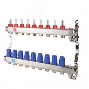Изображение товара Коллекторная группа с расходомерами 1'x9 выходов 3/4' НР евроконус с дренажным краном и воздухоотводчиком (шт)