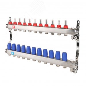 Изображение товара Коллекторная группа с расходомерами 1'x11 выходов 3/4' НР евроконус с дренажным краном и воздухоотводчиком (шт)