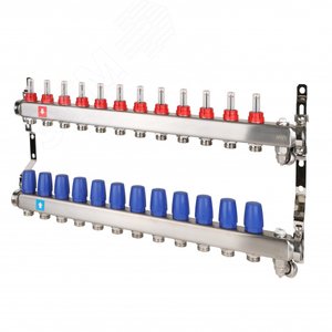 Изображение товара Коллекторная группа с расходомерами 1'x12 выходов 3/4' НР евроконус с дренажным краном и воздухоотводчиком (шт)