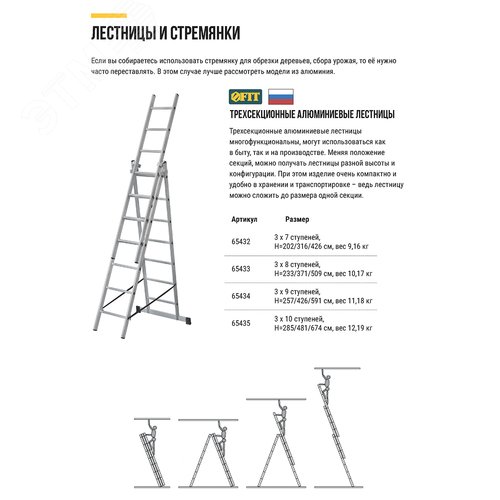 Изображение товара Лестница трехсекционная алюминиевая, 3x8 ступеней, H=233/371/509 см, вес 10.17 кг (шт)