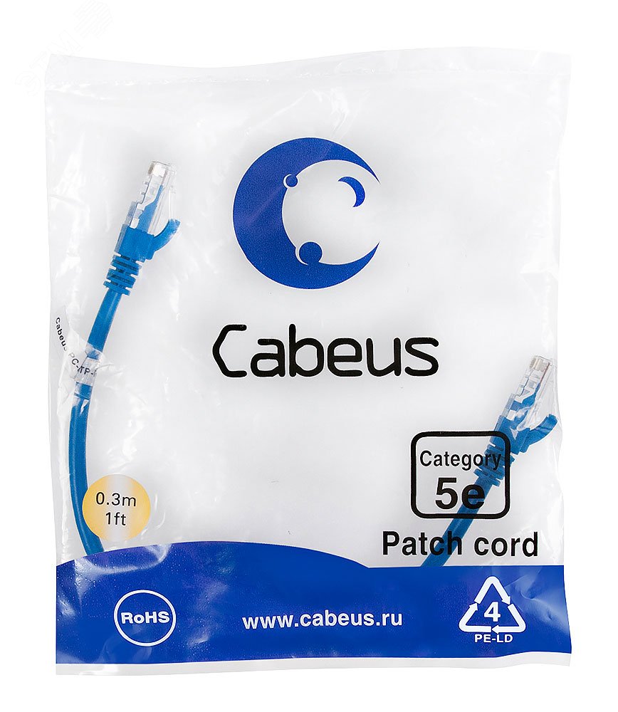 Патч-корд U/UTP, категория 5е, 2xRJ45/8p8c, неэкранированный, синий, PVC, 0.3м PC-UTP-RJ45-Cat.5e-0.3m-BL Cabeus