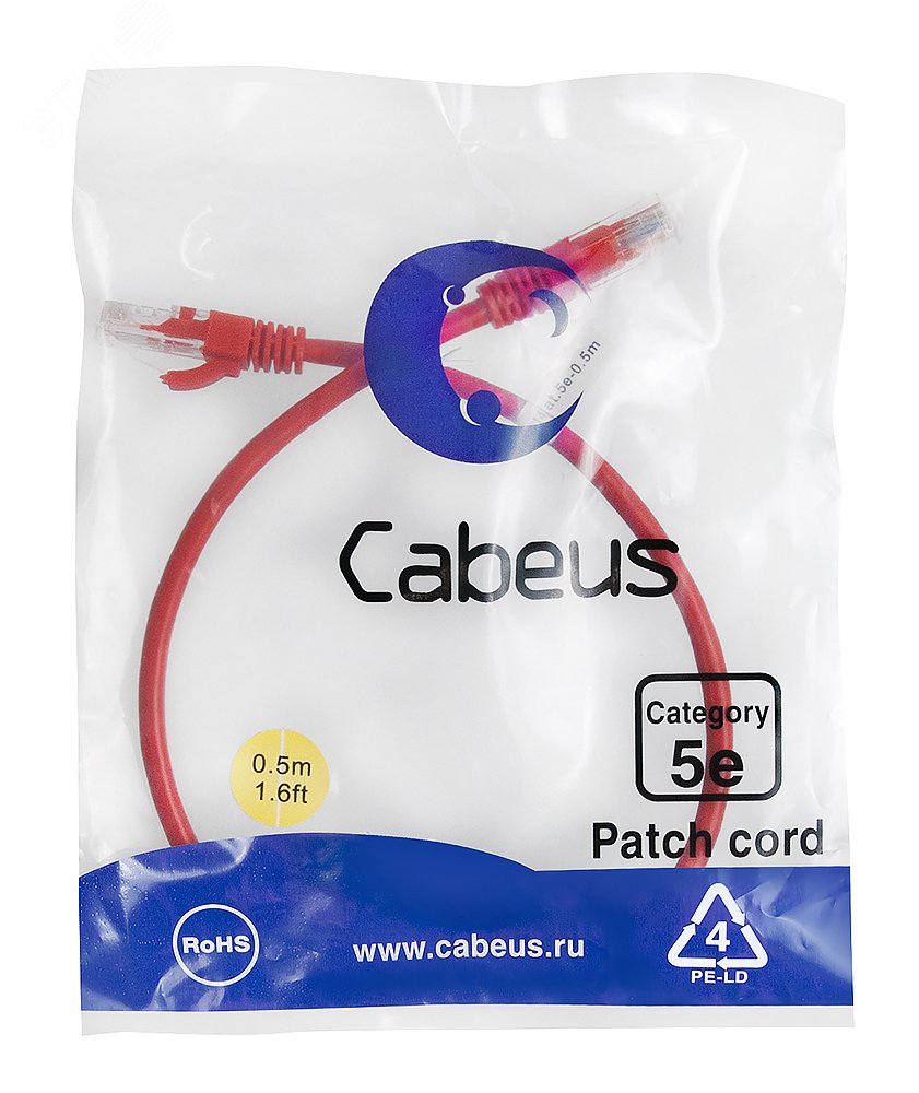 Патч-корд U/UTP, категория 5е, 2xRJ45/8p8c, неэкранированный, красный, LSZH, 0.5м PC-UTP-RJ45-Cat.5e-0.5m-RD-LSZH Cabeus